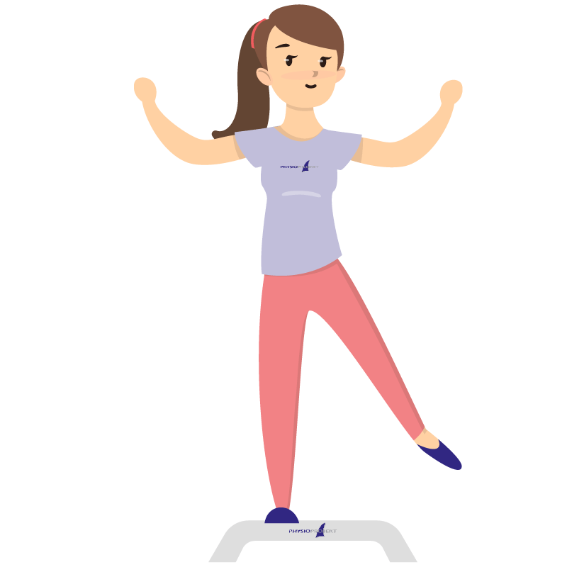 wii-3 Vektorgrafik: Frau trainiert auf einem Balanceboard zur Verbesserung von Gleichgewicht und Stabilität
